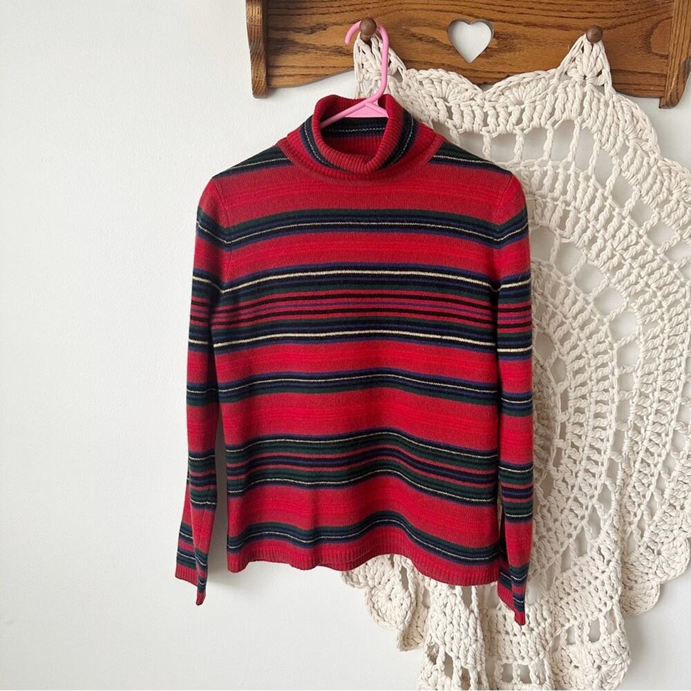 Lauren Ralph Lauren Red Wool Striped Turtleneck Sweater Size Small